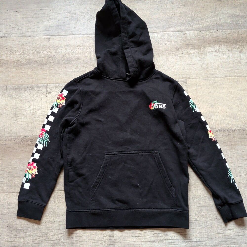 Vans Off The Wall Black Hoodie Sweatshirt Size S Small Floral Checkerboard Arm